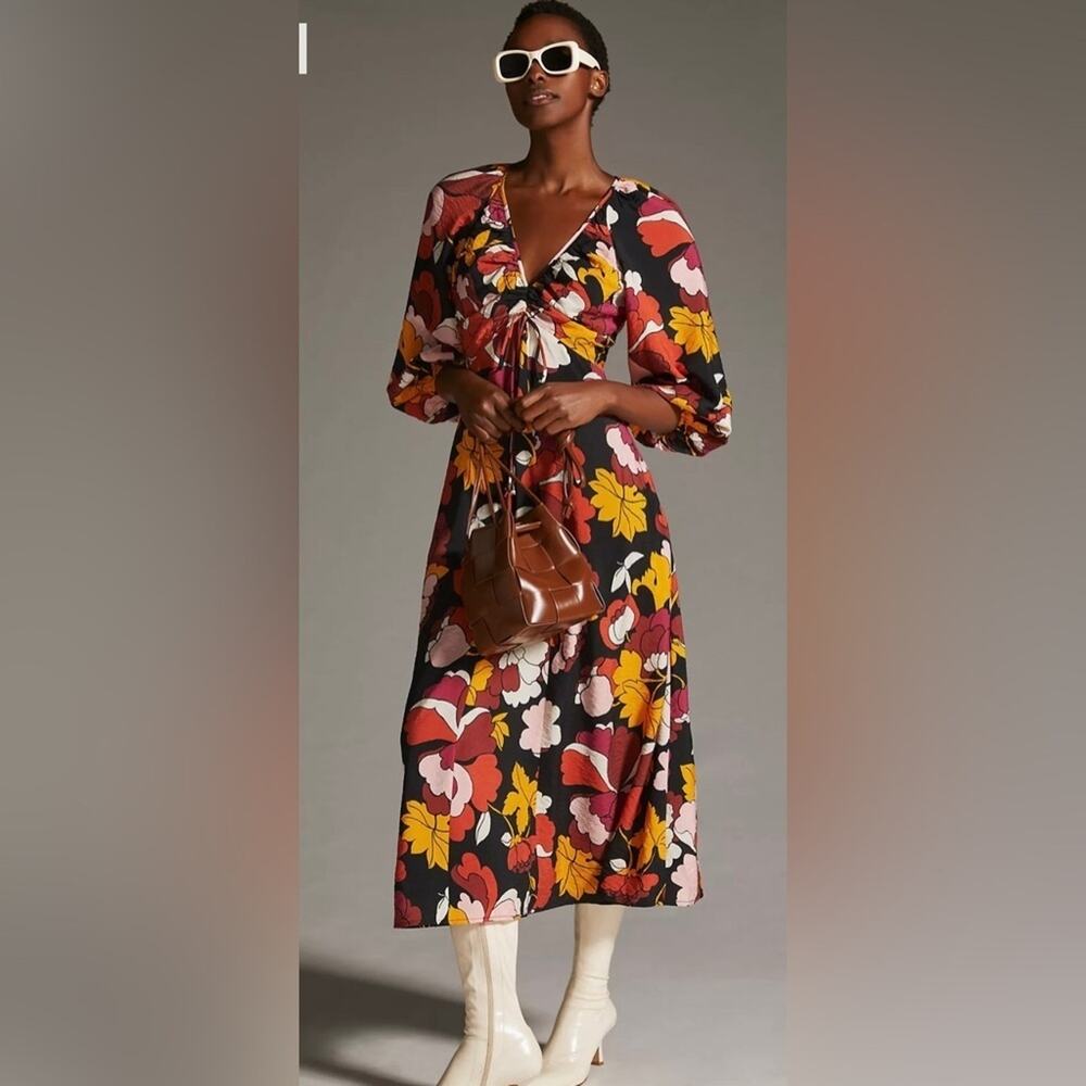 Anthropologie Maeve Deep V Ruched Midi Floral Dress - Size 2